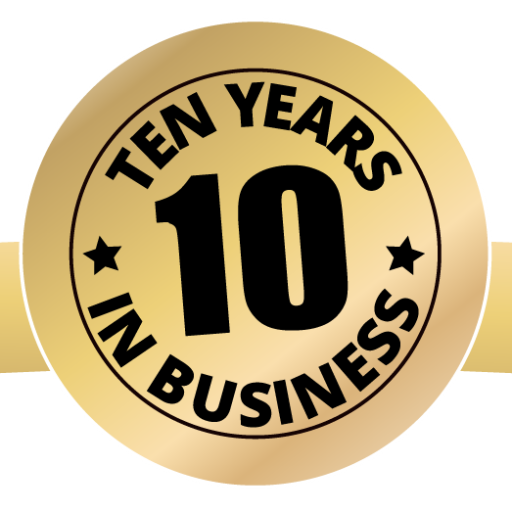 Badge showing 10 years in business